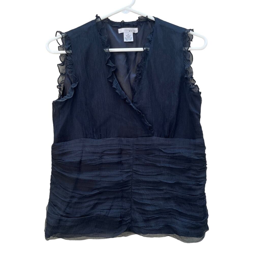 WD NY Black Sleeveless Top Ruffle Pleated V-Neck Side Zip 100% Silk Women's 8